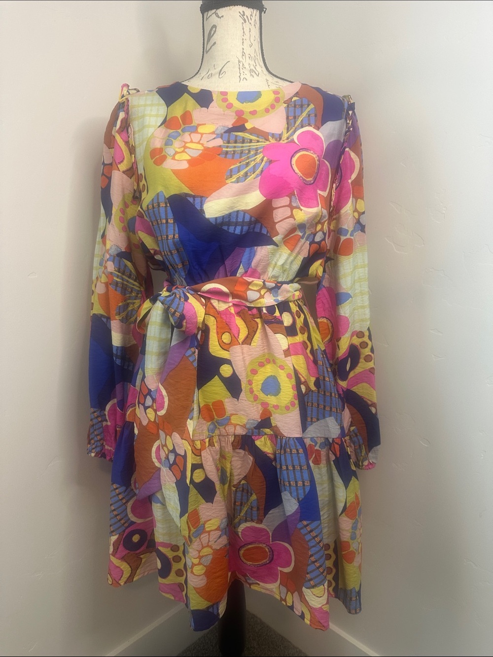 Oddi LA Bright Garden Party Multicolor Floral Belted Long Sleeve Dress